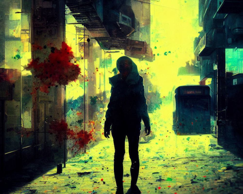 Solitary figure in vibrant dystopian alley scene