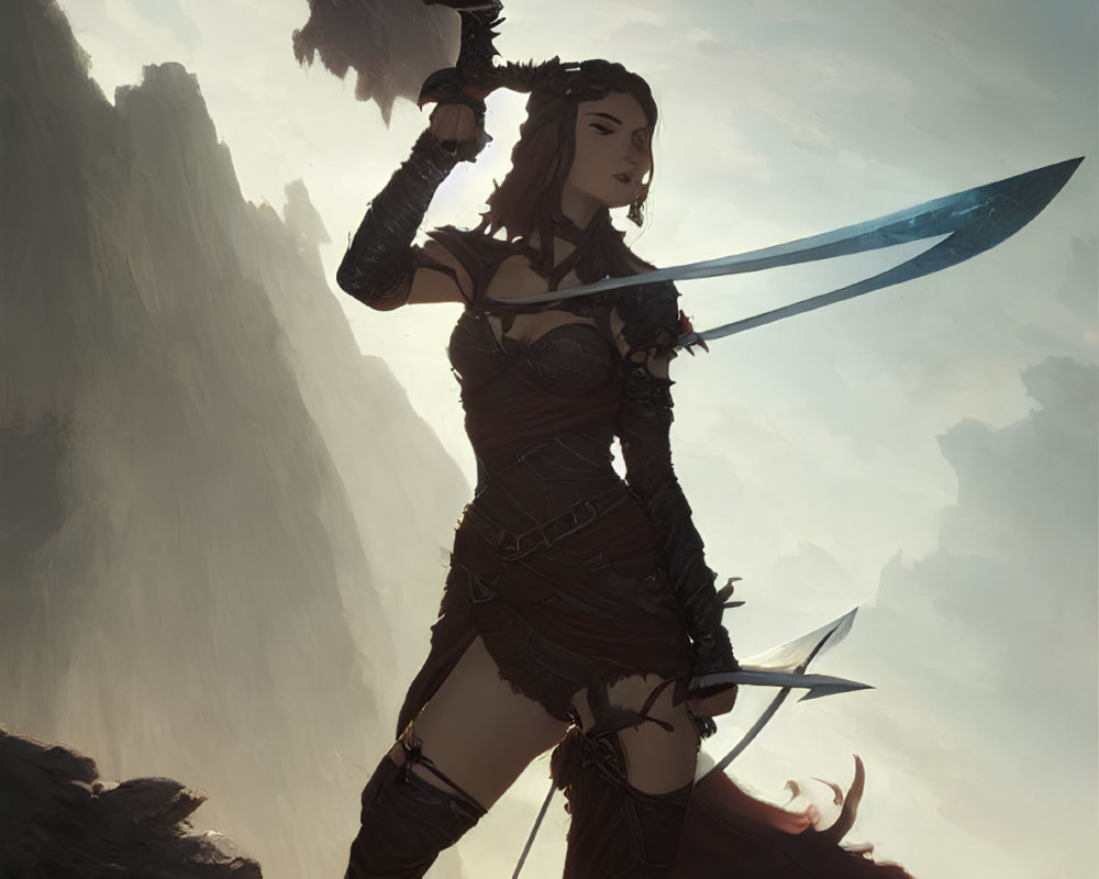 Warrior woman in leather armor wields sword on rocky terrain