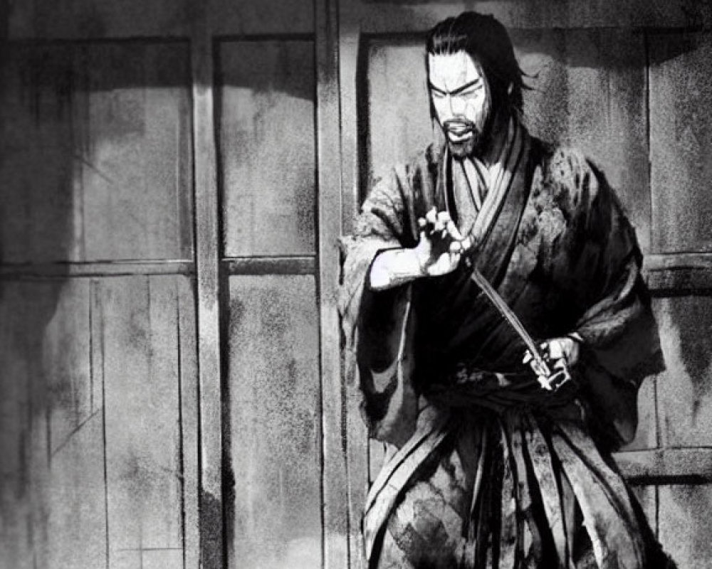 Monochrome illustration of a solemn samurai with sword in traditional attire