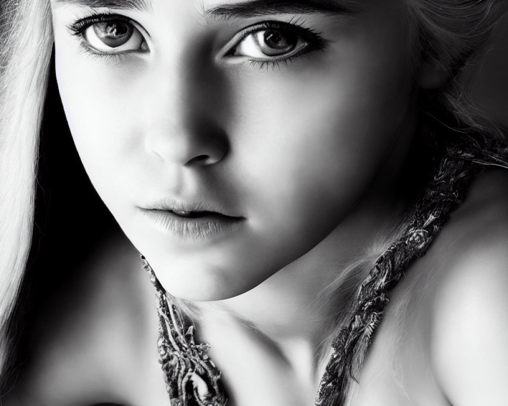 Monochrome portrait of young woman with intense eyes and serious expression