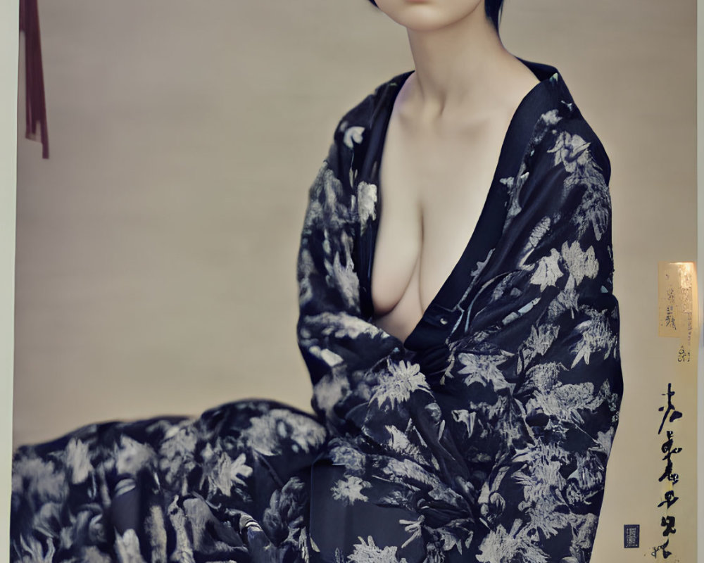 Traditional Japanese Attire Woman with Elaborate Hairstyle Sitting elegantly