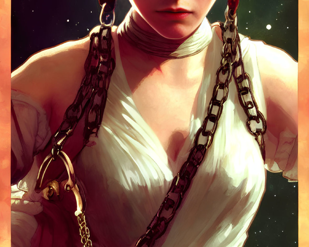 Digital artwork of female character with iconic hair buns in white outfit and metallic chains against starry space