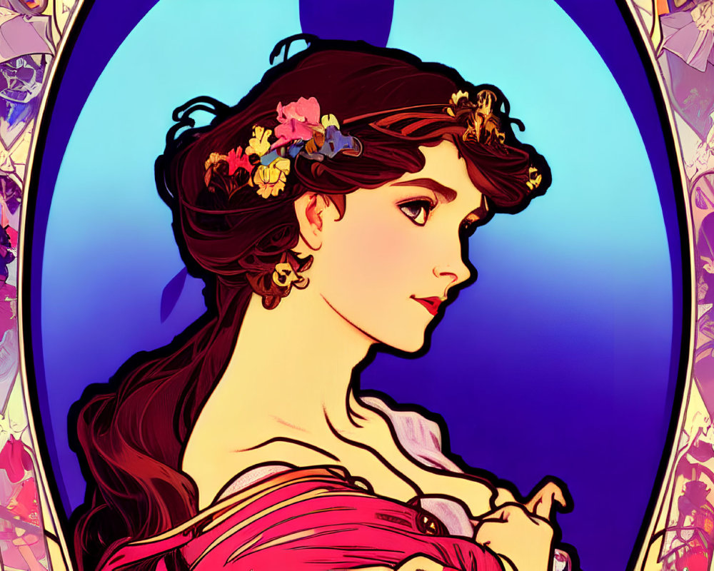 Profile View Woman Illustration with Floral Hair in Art Nouveau Frame