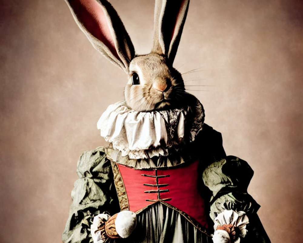 Elaborate Rabbit Costume with Ruffled Collar and Red Corset