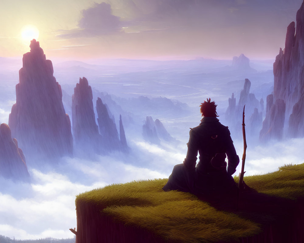 Warrior on Grass Cliff Overlooking Canyon at Sunrise