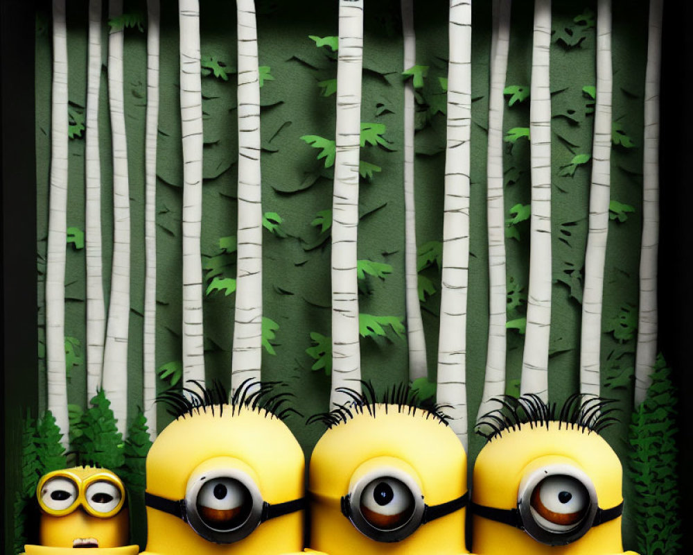 Surprised minions in dense birch tree setting