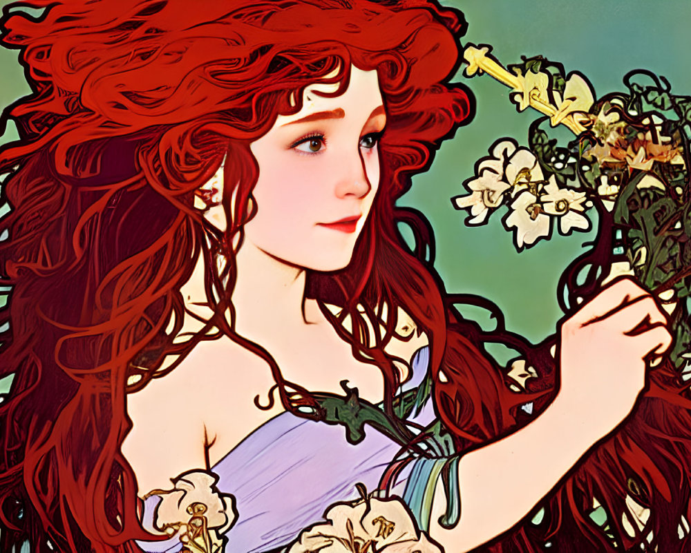 Detailed Art Nouveau-style illustration of woman with red hair and flowers