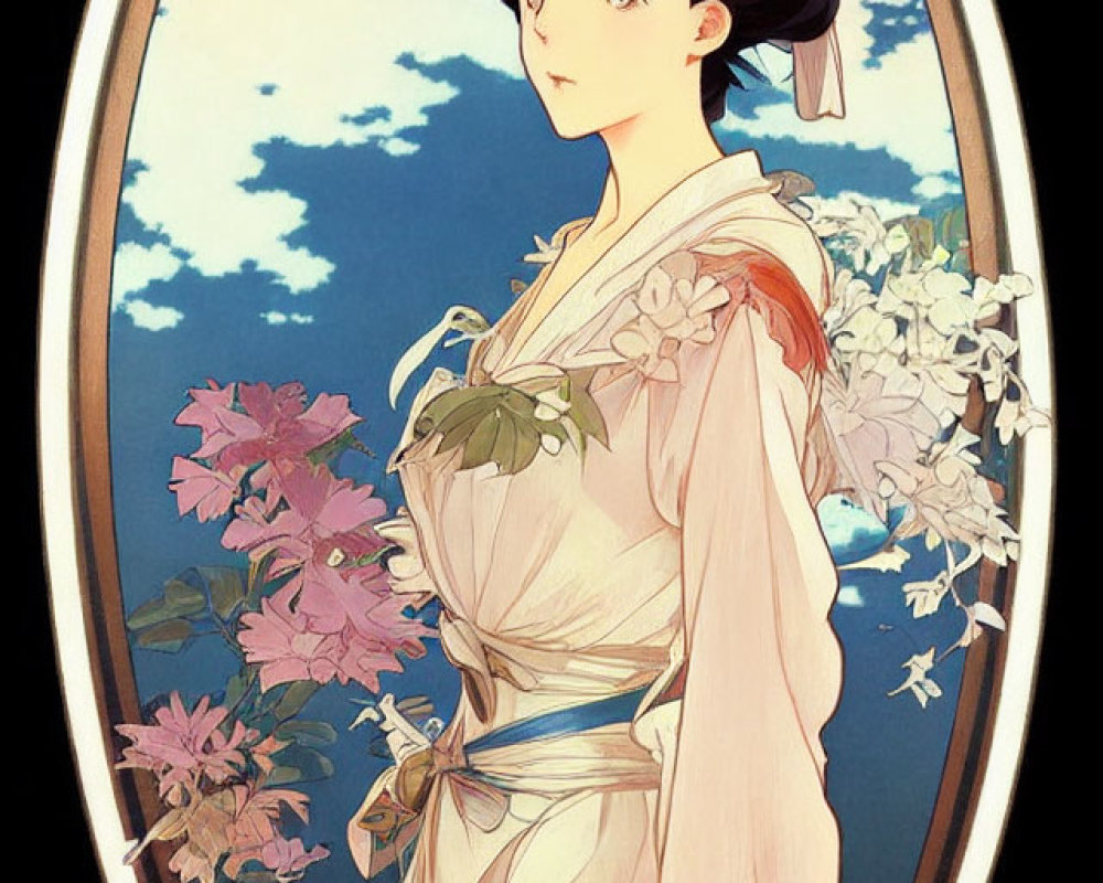 Illustration of woman in Japanese attire with floral hair ornament, oval frame, blue sky background