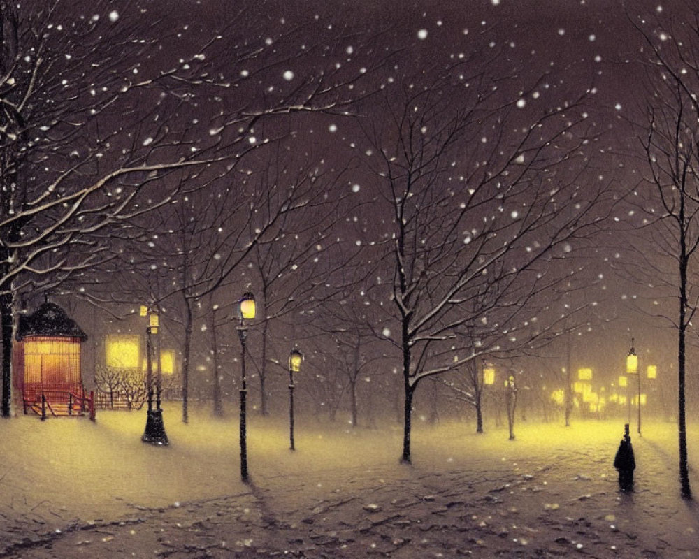 Snowy Night Scene: Tranquil Path with Bare Trees & Streetlamps