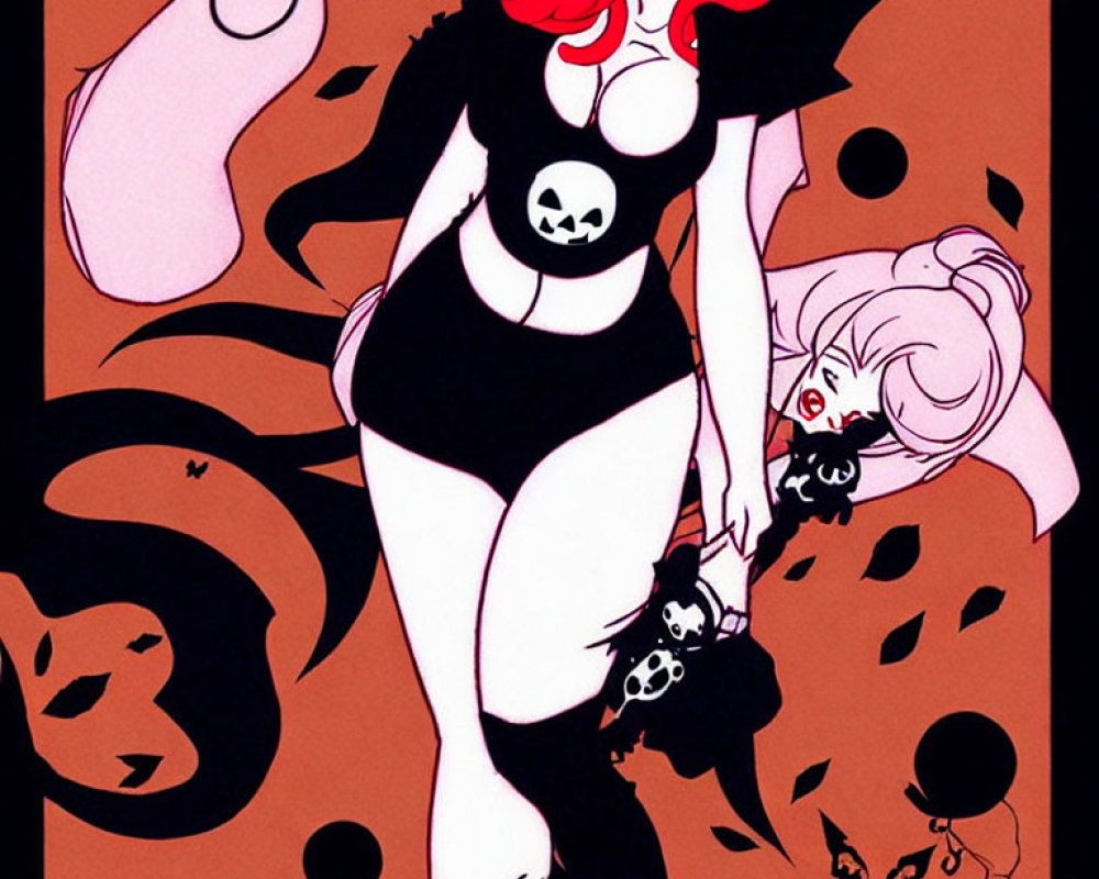 Stylized Women with Red & White Hair in Black Outfits & Skull Motifs