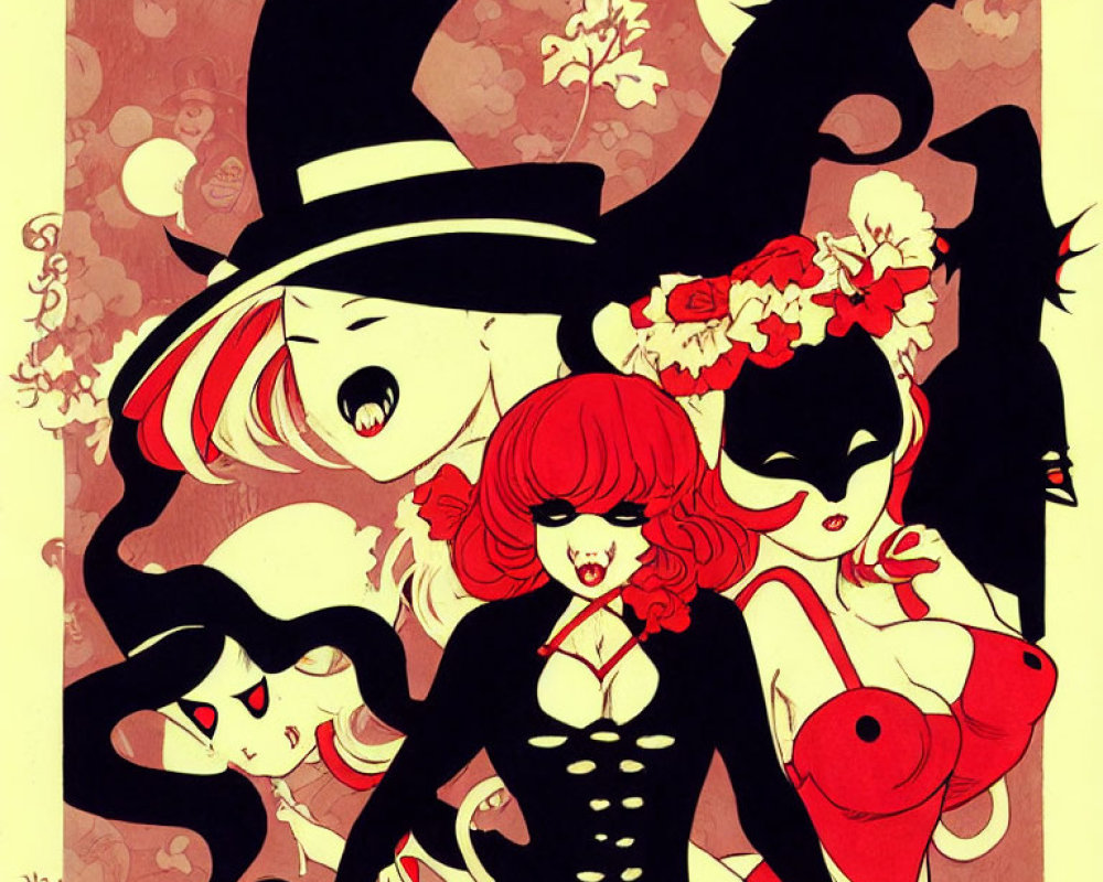 Whimsical gothic illustration of four female figures in red, black, and white