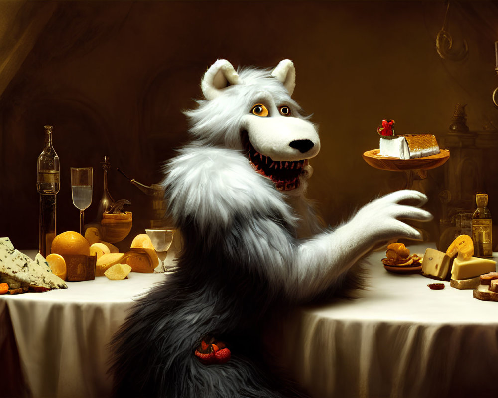 Anthropomorphic wolf serving cheese and wine in luxurious candle-lit scene