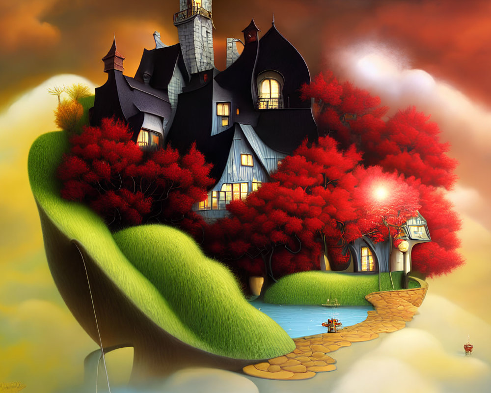 Whimsical house with red trees on floating island under sunset sky