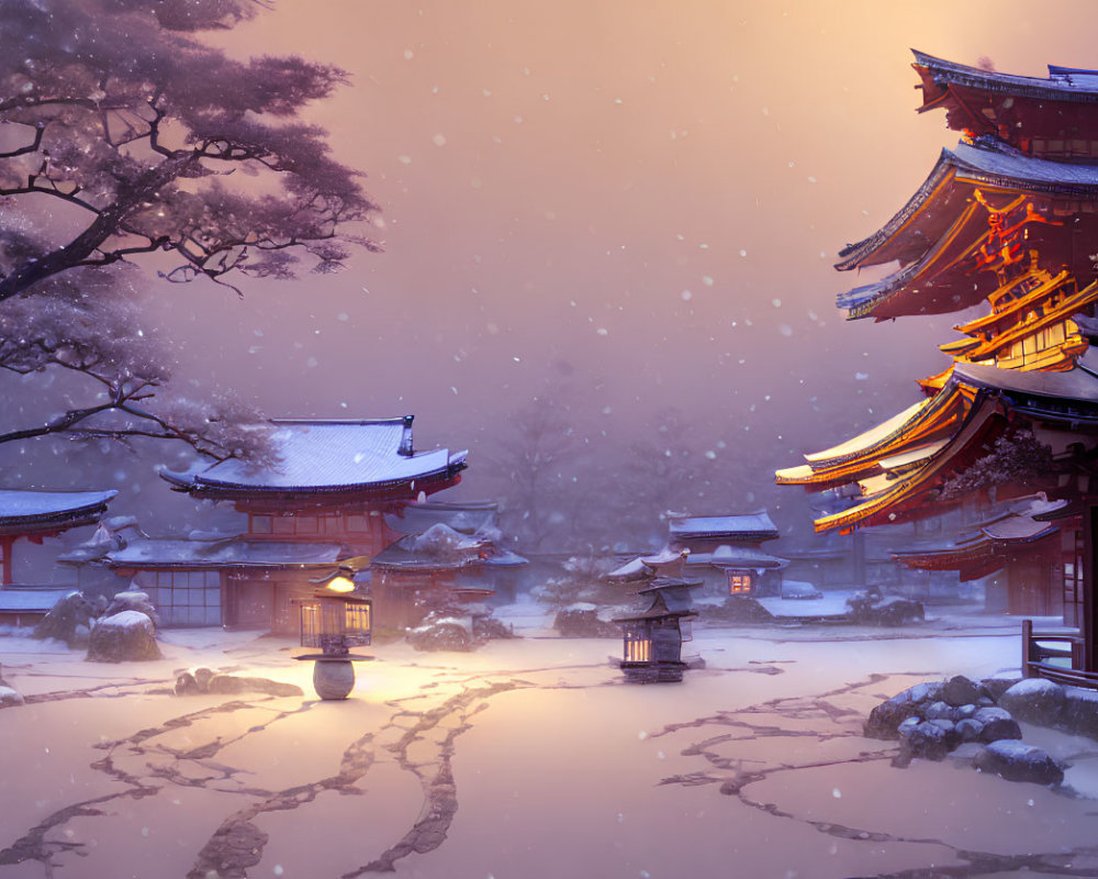 Snow-covered shrine with red torii gates and warm lights at twilight