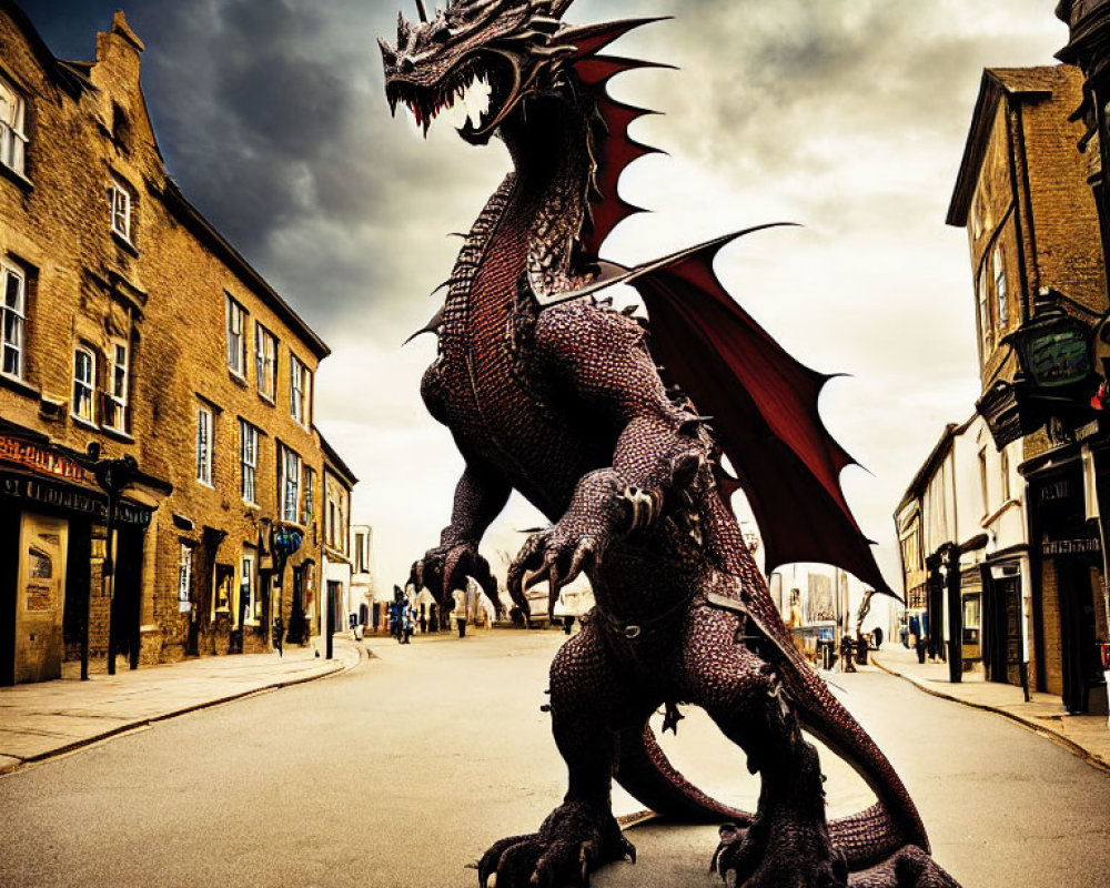 Red-eyed dragon with spread wings in old street under cloudy sky