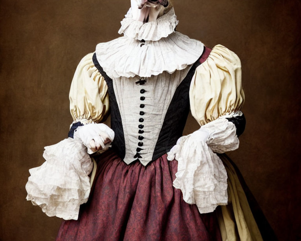 Elaborate period dress with large ruffled collar and dog mask