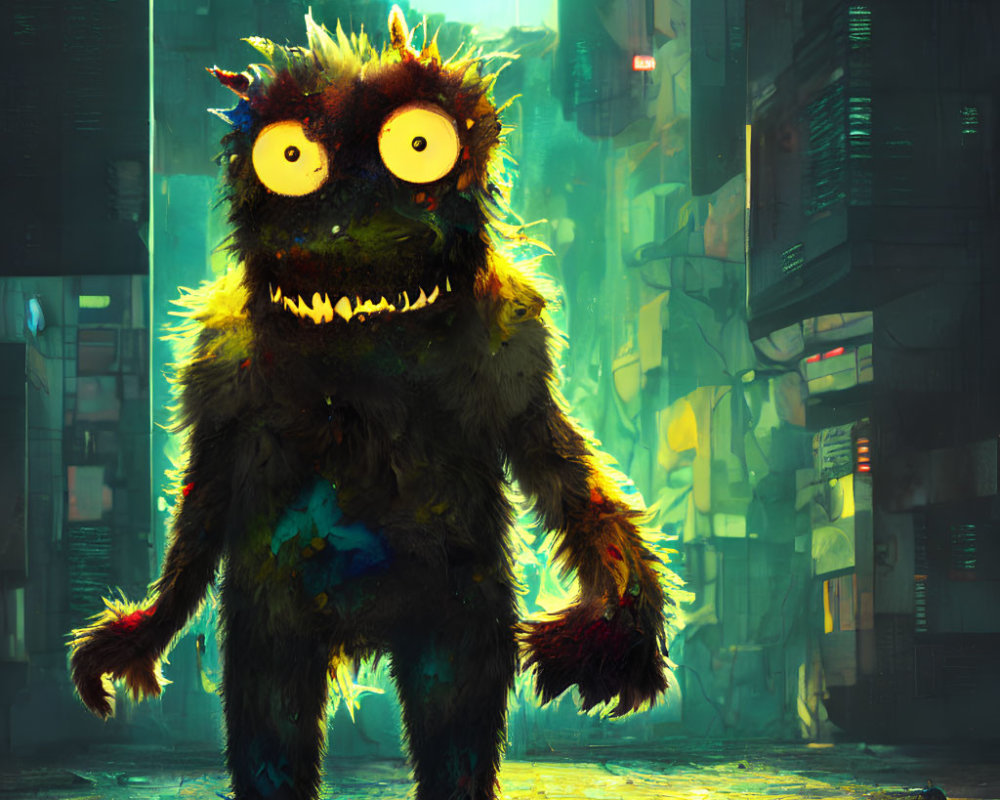 Furry creature with large eyes and sharp teeth in neon-lit urban alley