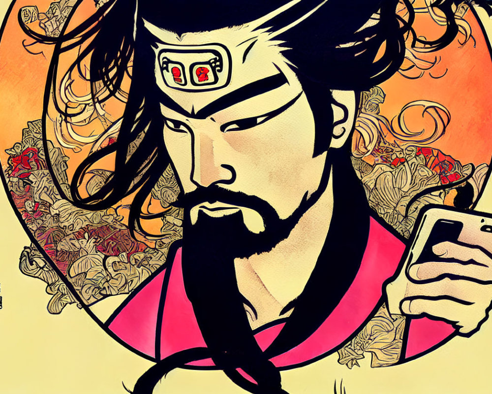 Illustration of man in Asian attire with smartphone on ornate background.