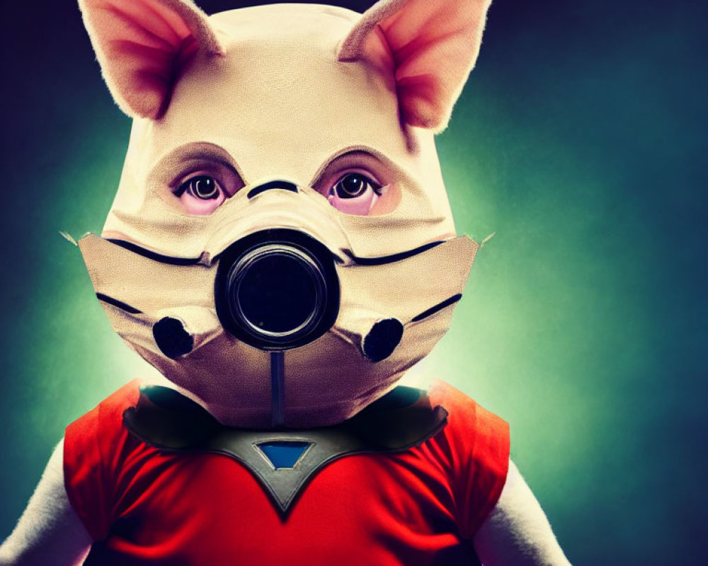 Person in Pig Mask with Gas Mask Feature in Red and Orange Costume on Dark Background