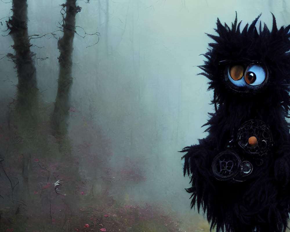 Furry black creature with blue eyes in misty forest with mechanical device