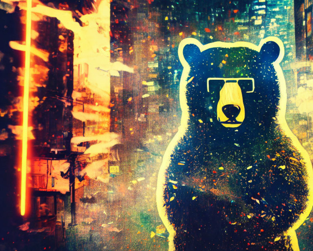 Stylized bear graphic in neon-lit urban setting