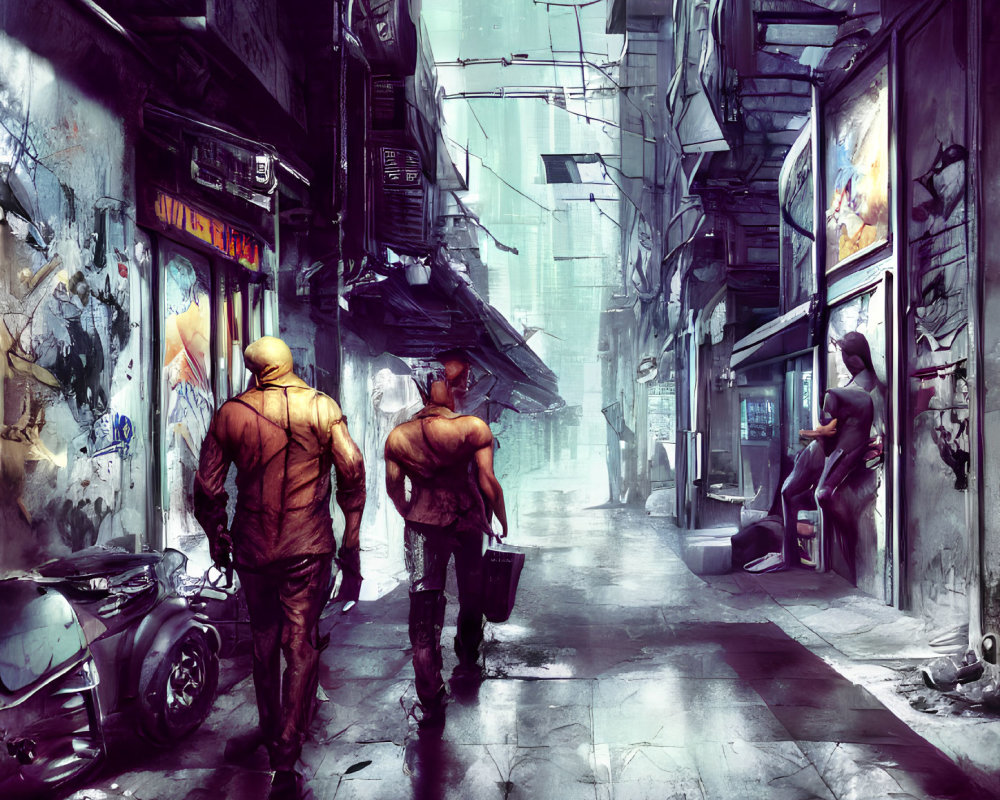 Dystopian alley with graffiti, dilapidated buildings, and futuristic motorcycle