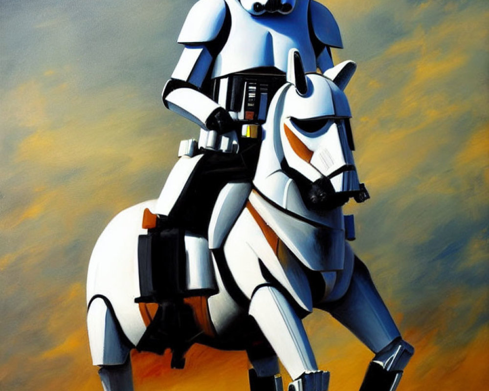 Stormtrooper on white horse with armor in orange and blue gradient.