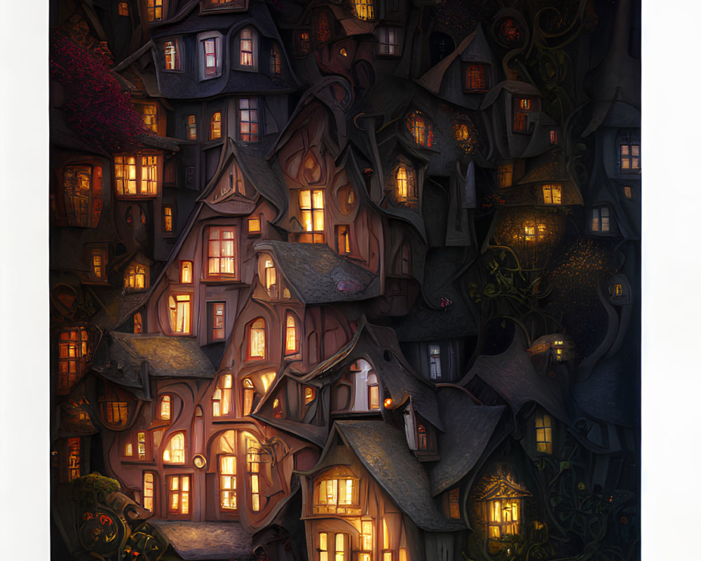 Illustration of Cozy Houses Nestled Among Twisting Trees at Night