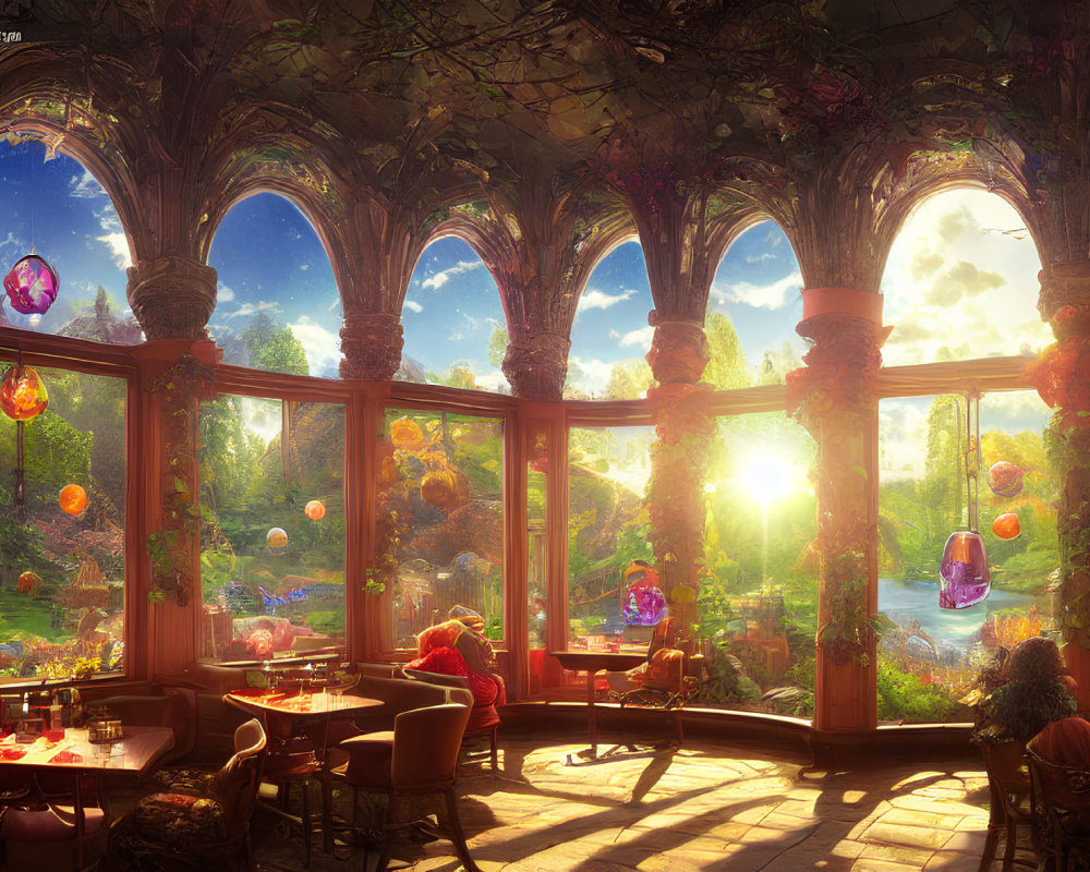 Cafe with Large Windows, Arches, and Floating Light Orbs