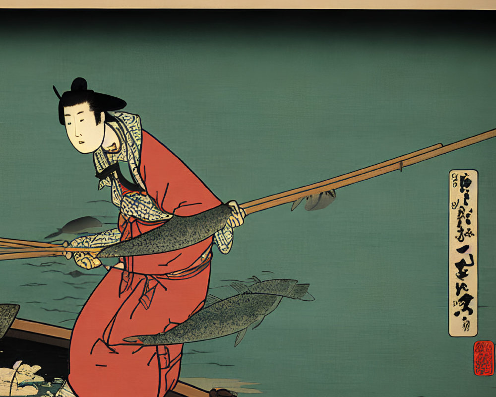 Japanese Woodblock Print of Person Fishing in Red Robe from Boat