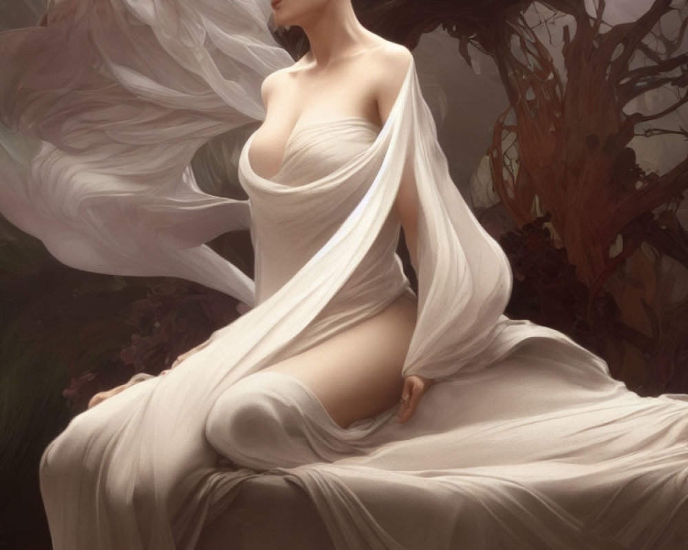 Ethereal artwork of serene woman in flowing white fabric amidst twisted tree branches