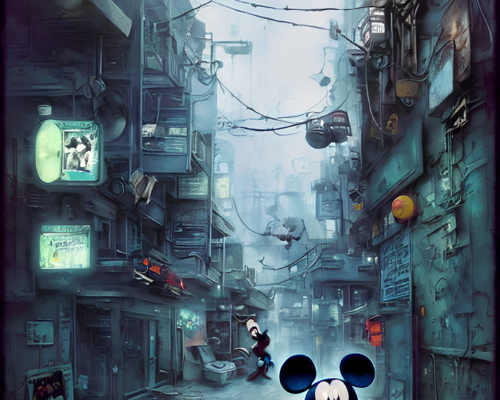 Futuristic urban alley with neon signs and stylized Mickey Mouse