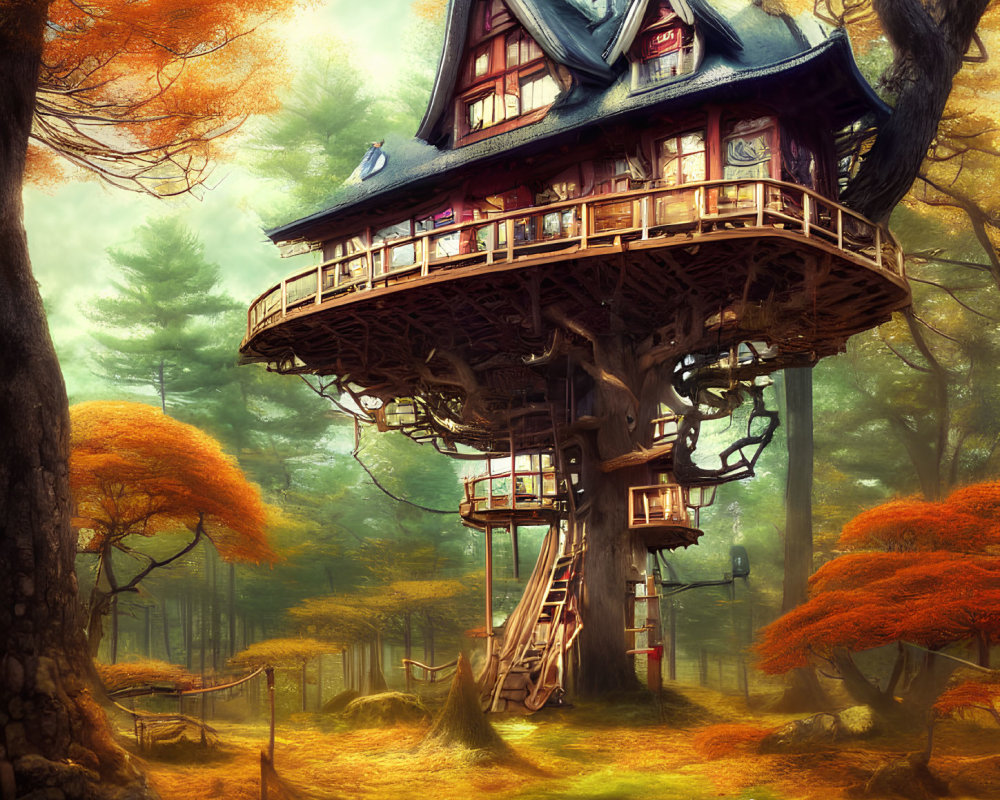 Ornate whimsical treehouse in autumnal forest