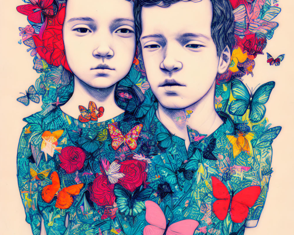 Symmetrical floral and butterfly portraits in vibrant colors