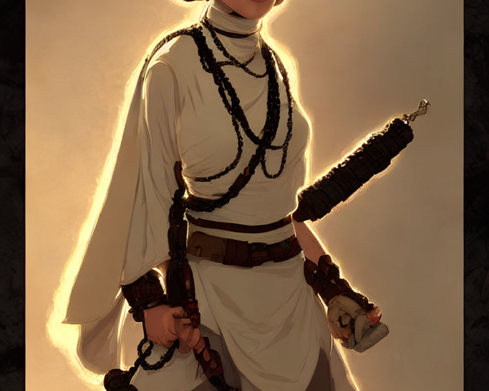 Woman in white outfit with twin buns hairstyle holding blaster in determined stance