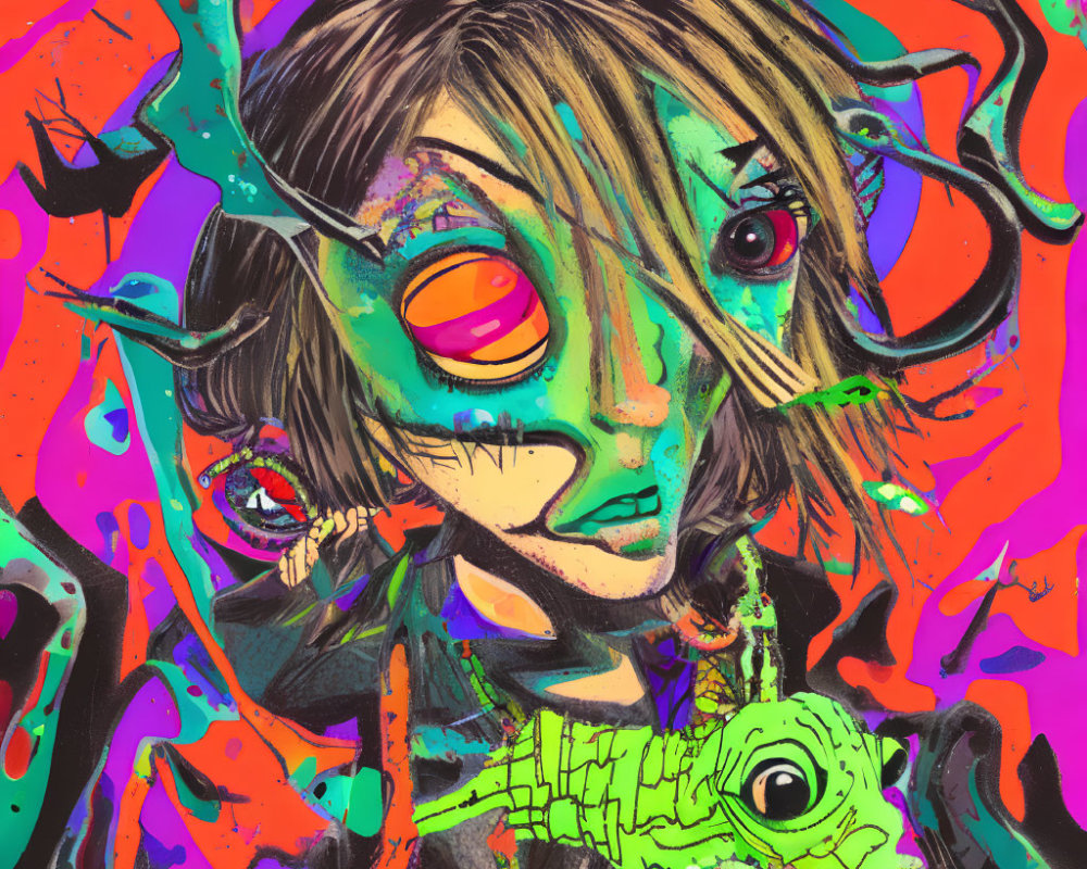 Colorful abstract art: stylized character with mismatched eyes and small green creature