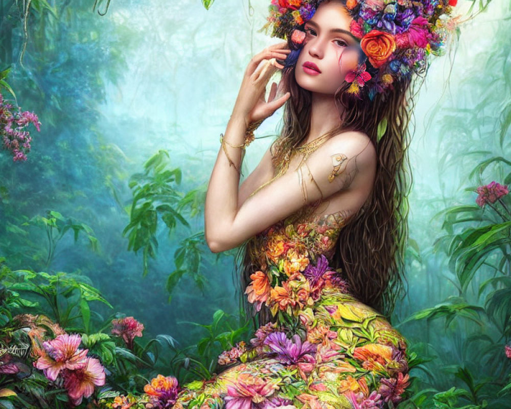 Woman adorned with vibrant flowers in lush, mystical forest