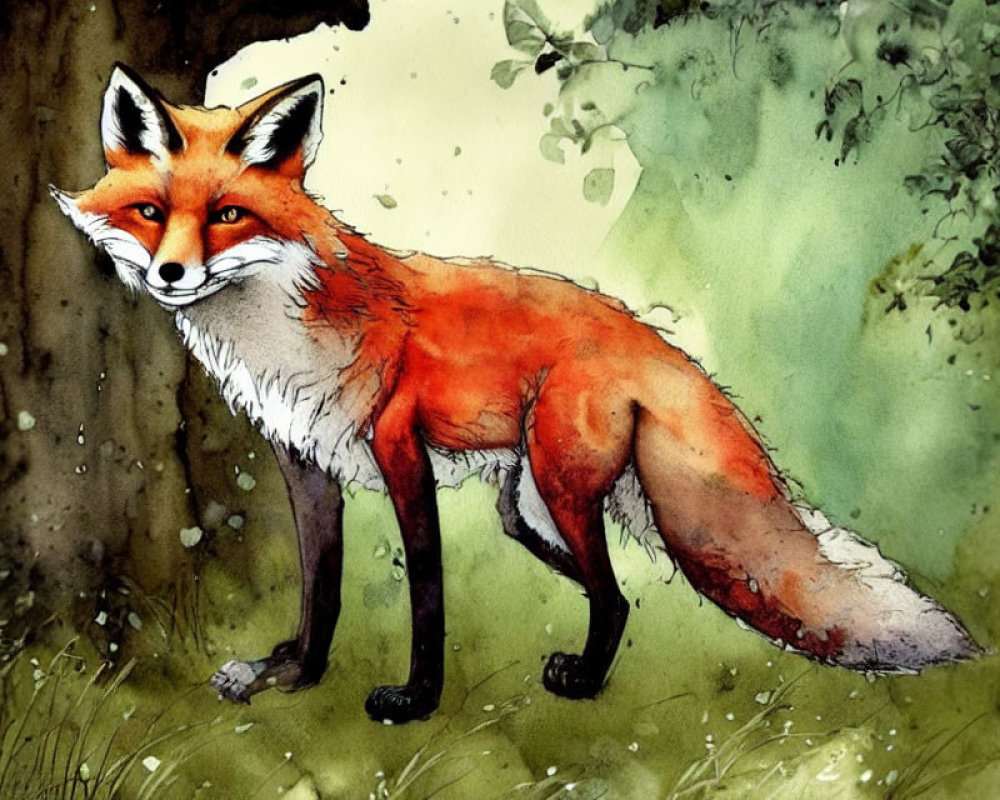 Detailed Watercolor Illustration of Red Fox in Forest