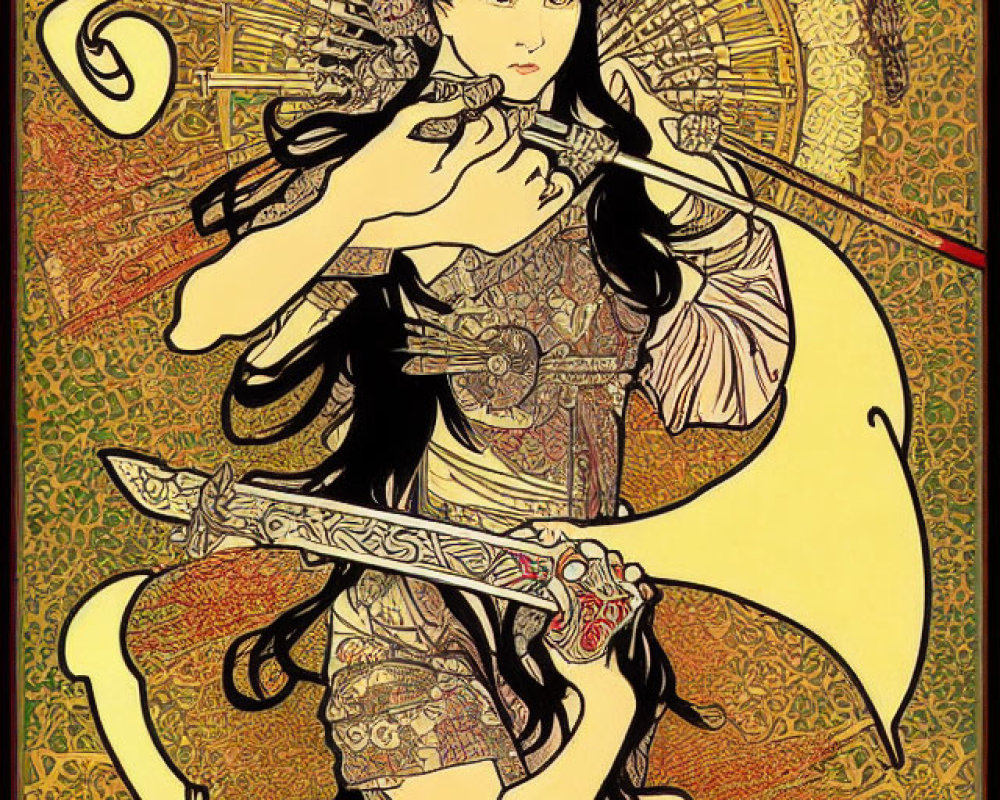 Stylized illustration of woman with headdress and sword on golden background