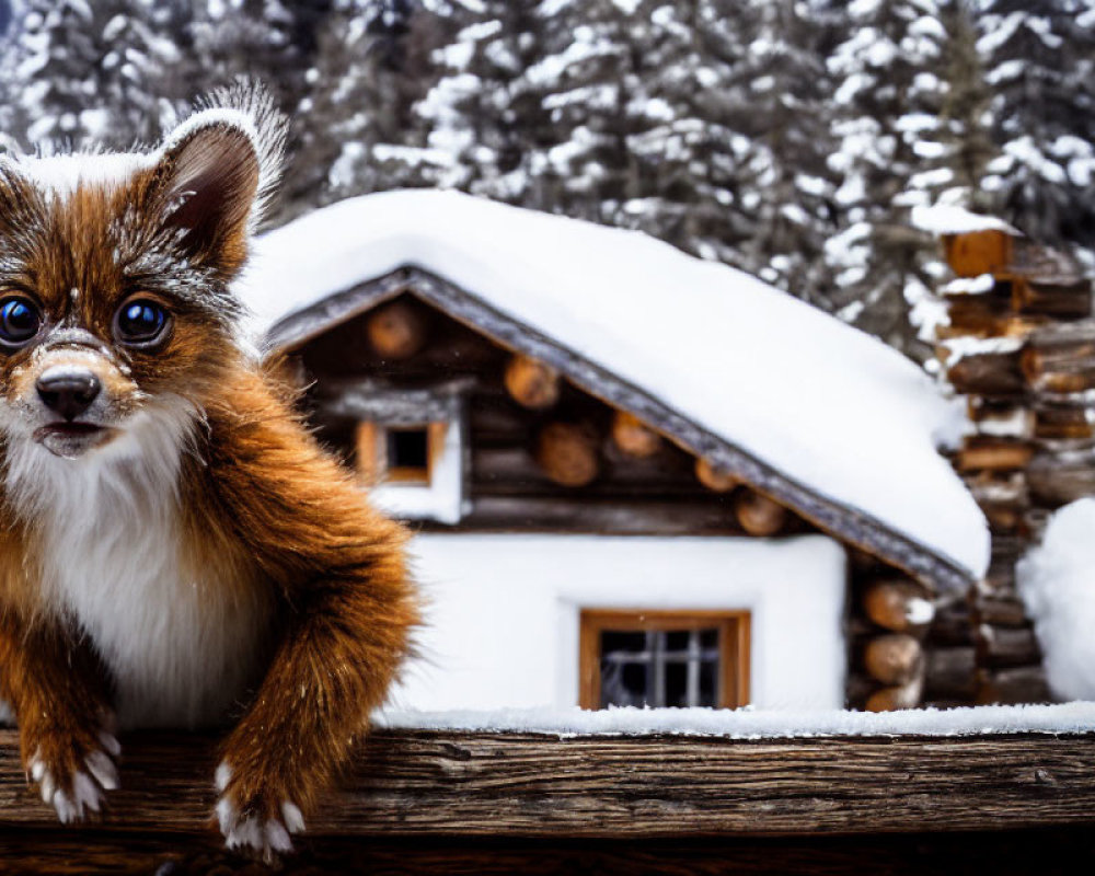 Whimsical fluffy creature resembling a fox on snowy ledge