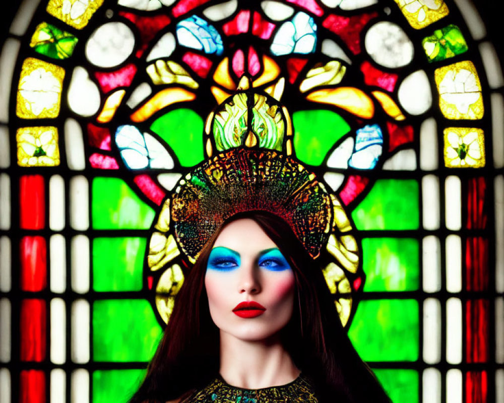 Woman with ornate headdress and striking makeup in front of colorful stained-glass window