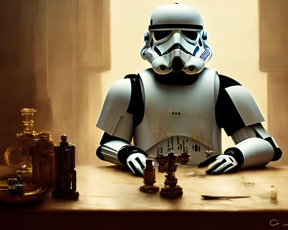 Stormtrooper in costume playing chess surrounded by antique glass bottles in dimly lit room