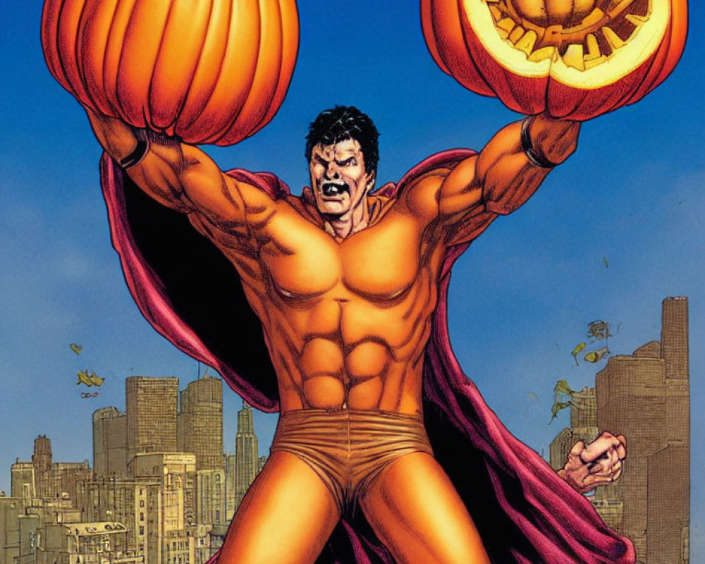 Muscular superhero in red costume lifts giant carved pumpkins in cityscape.