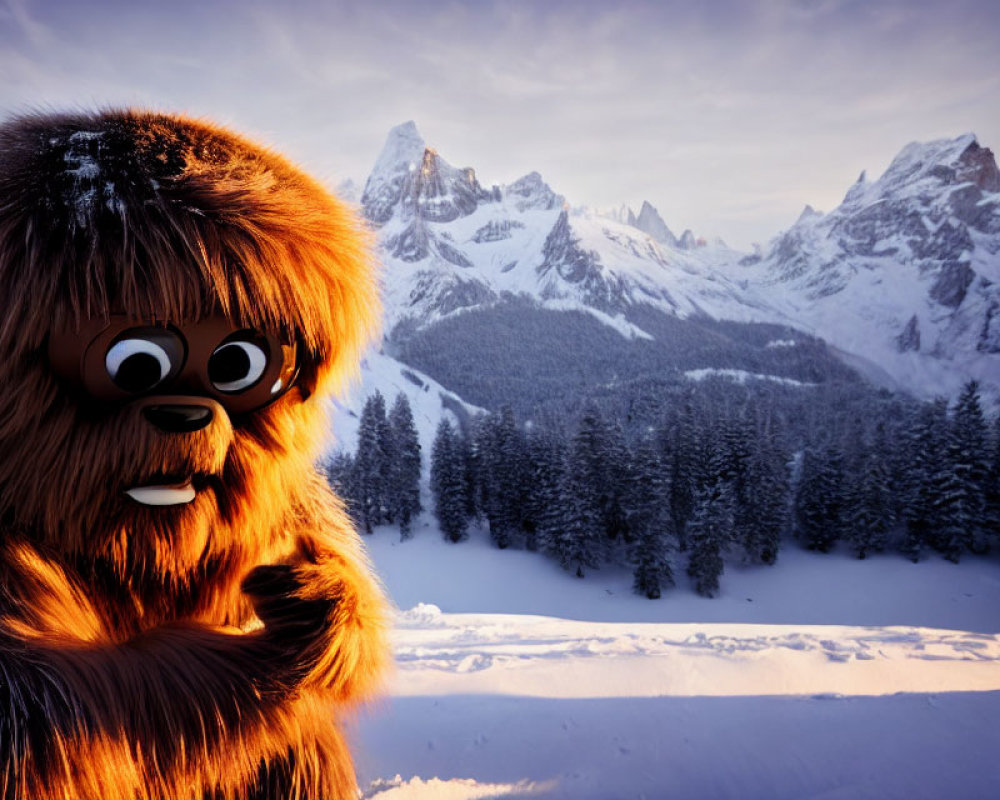 Brown furry creature in snowy alpine landscape at sunrise or sunset