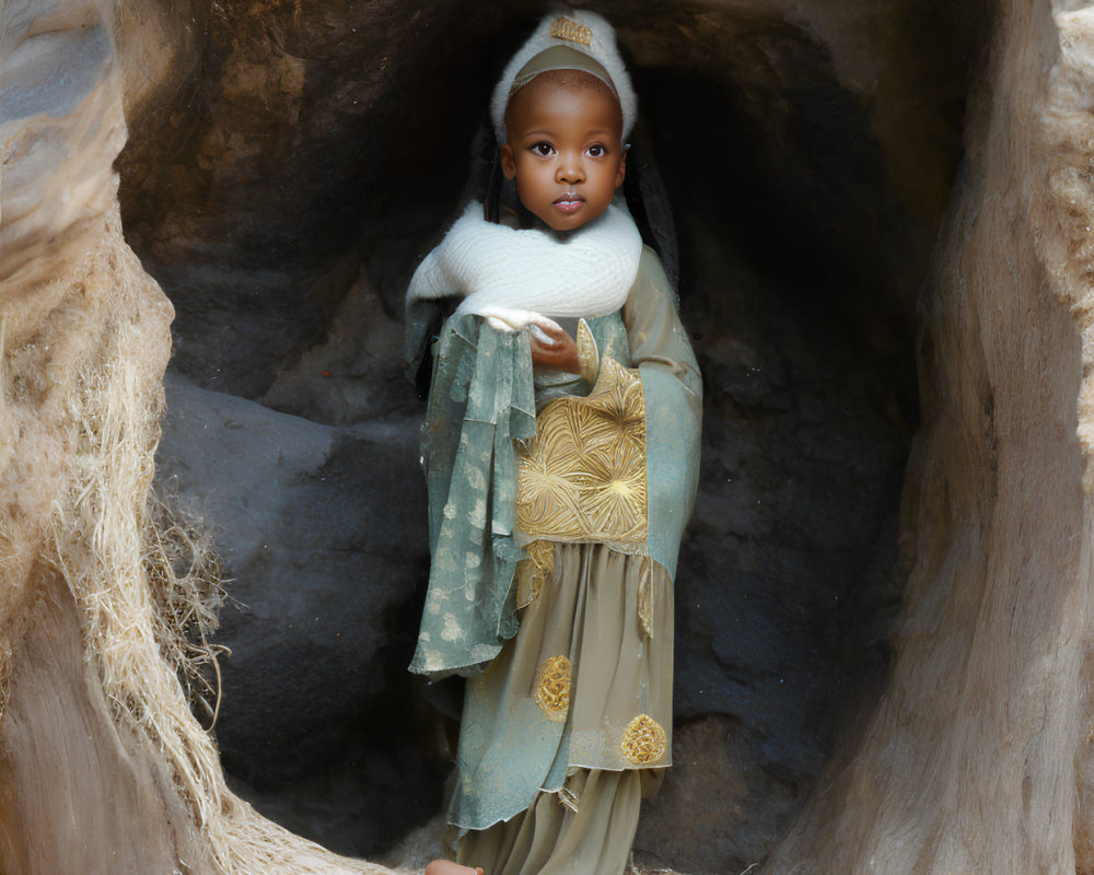 Child in traditional attire standing in tree hollow with serene expression