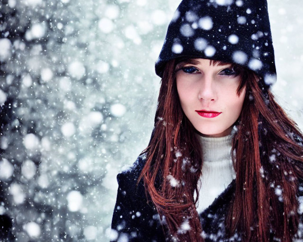 Woman in Black Coat with Red Lips and Hair in Falling Snow