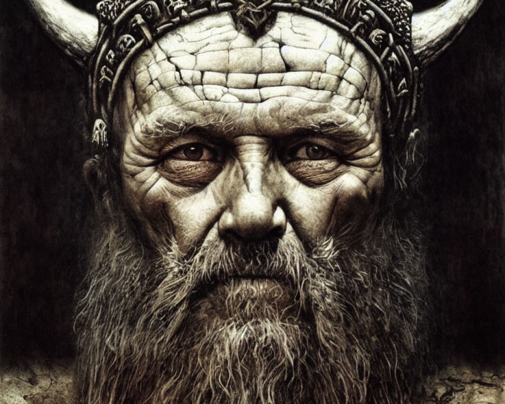 Elderly Bearded Man in Horned Helmet Illustration