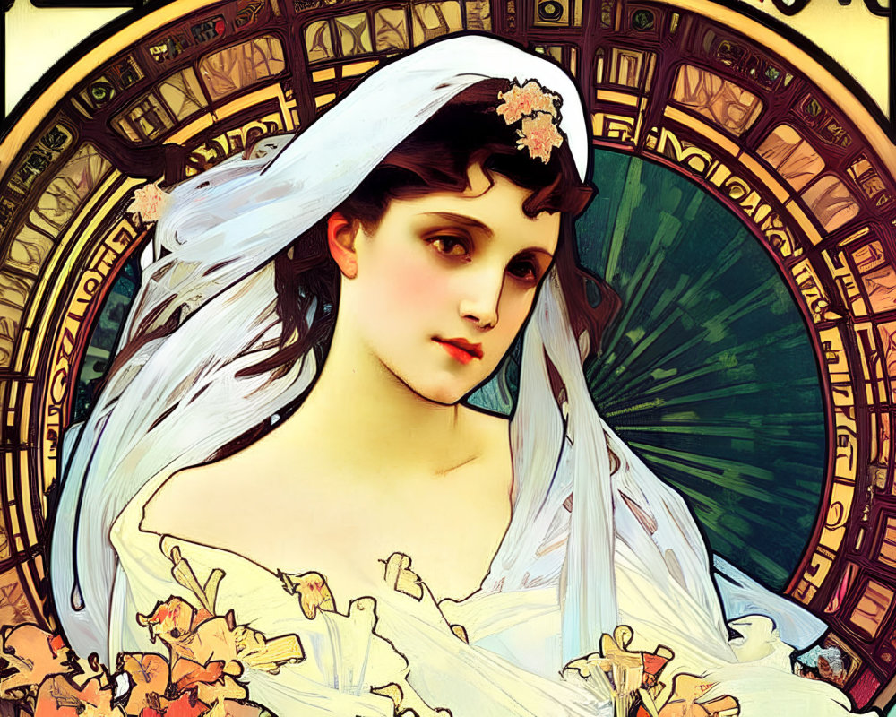 Stylized Art Nouveau woman with flowing veil in warm color palette