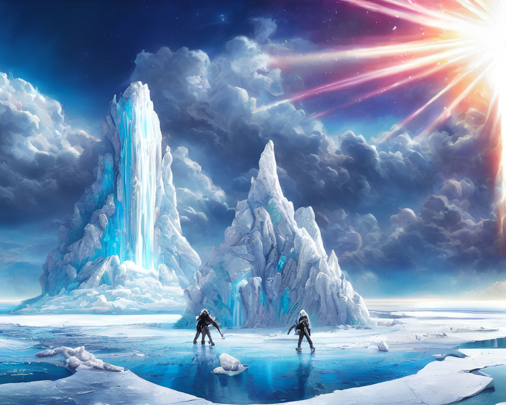 Icy Landscape with Glaciers, Figures, and Radiant Star