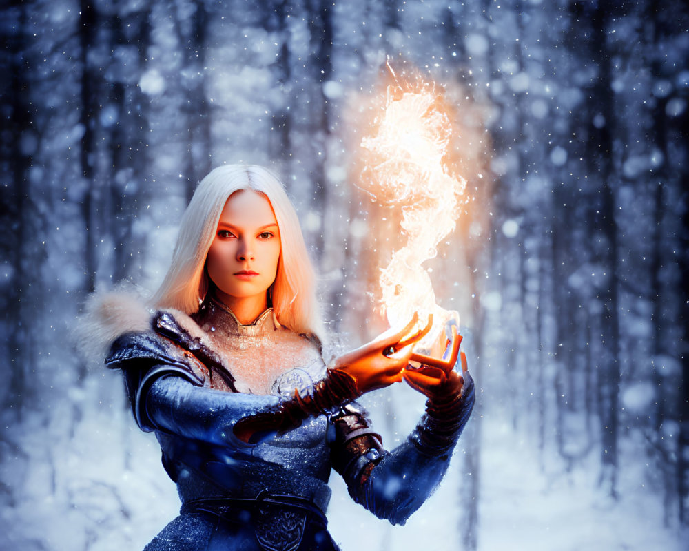 White-haired figure in medieval attire wields fire in snowy forest.